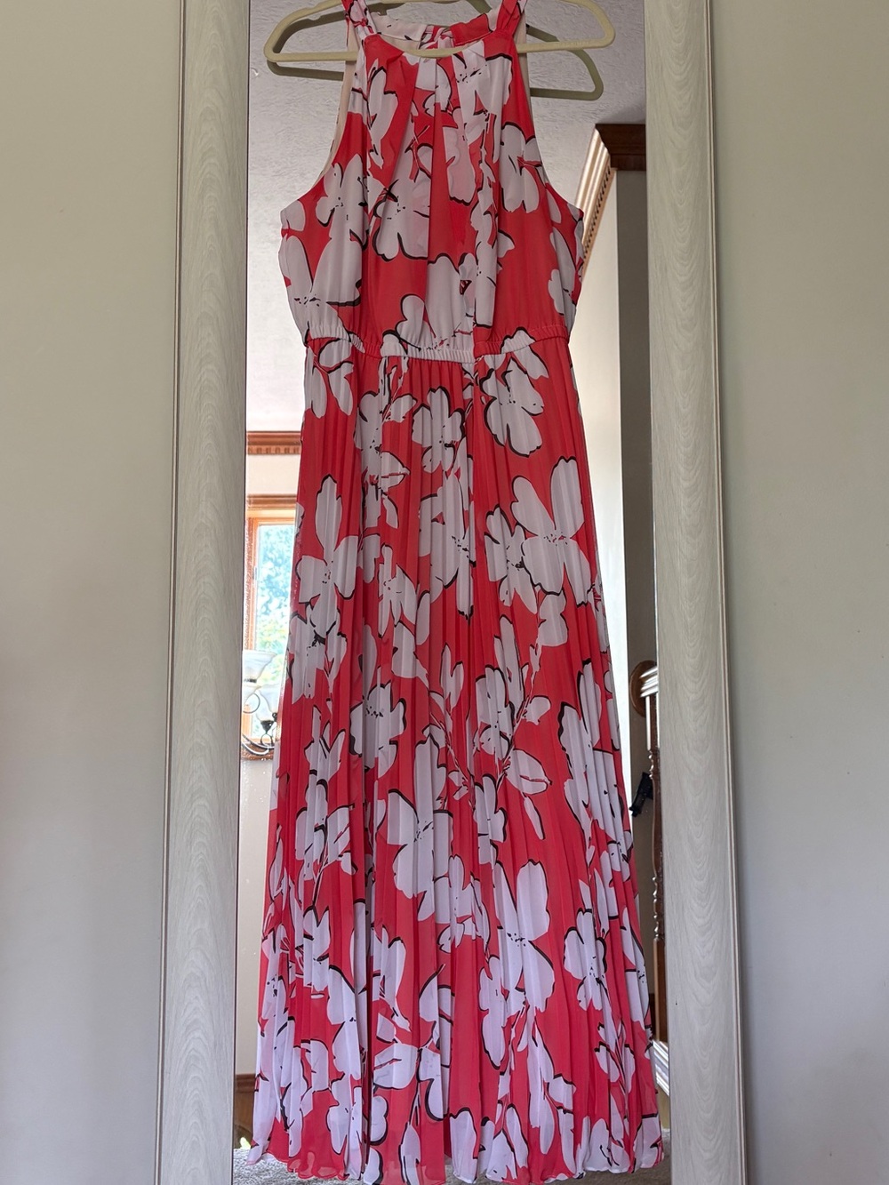 Sandra Darren Coral and White Floral Halter Maxi Dress